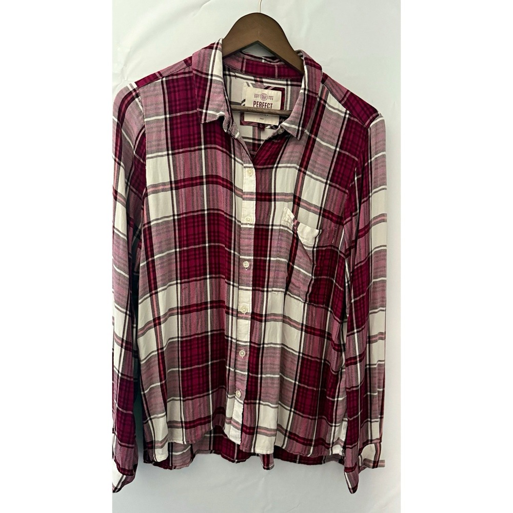 Perfect Shirt womens XL Plaid Rayon Long Sleeve Button-Up Burgundy White Pink